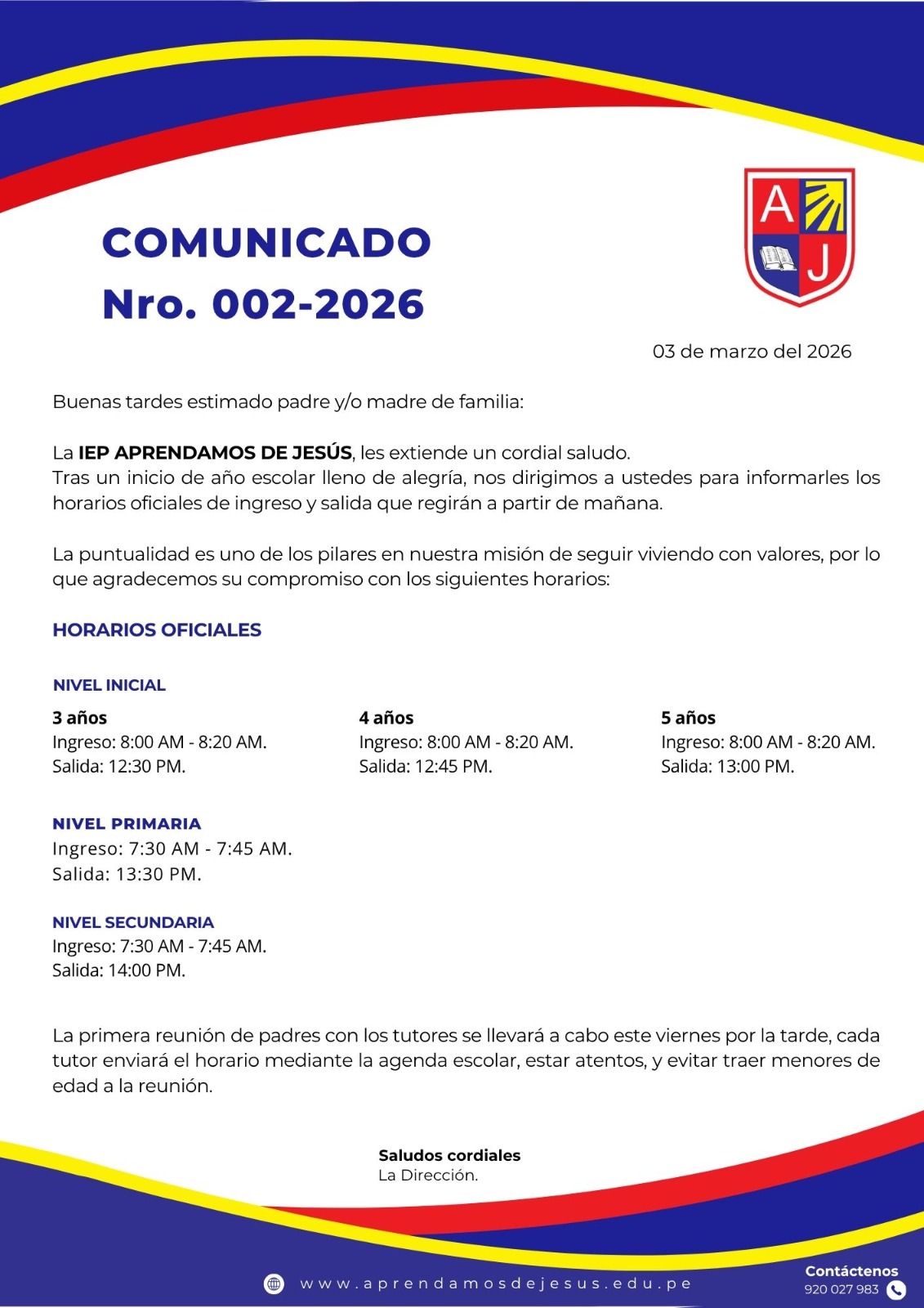 HORARIOS DE INGRESO Y SALIDA OFICIALES 2026