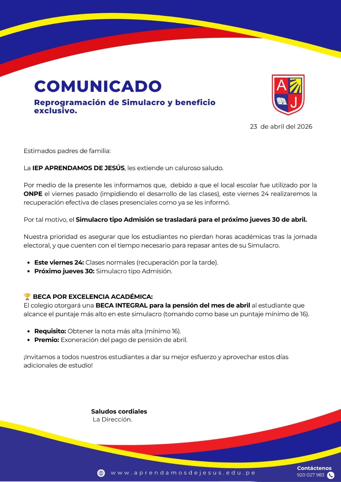 REPROGRAMACIÓN DE SIMULACRO DE ABRIL