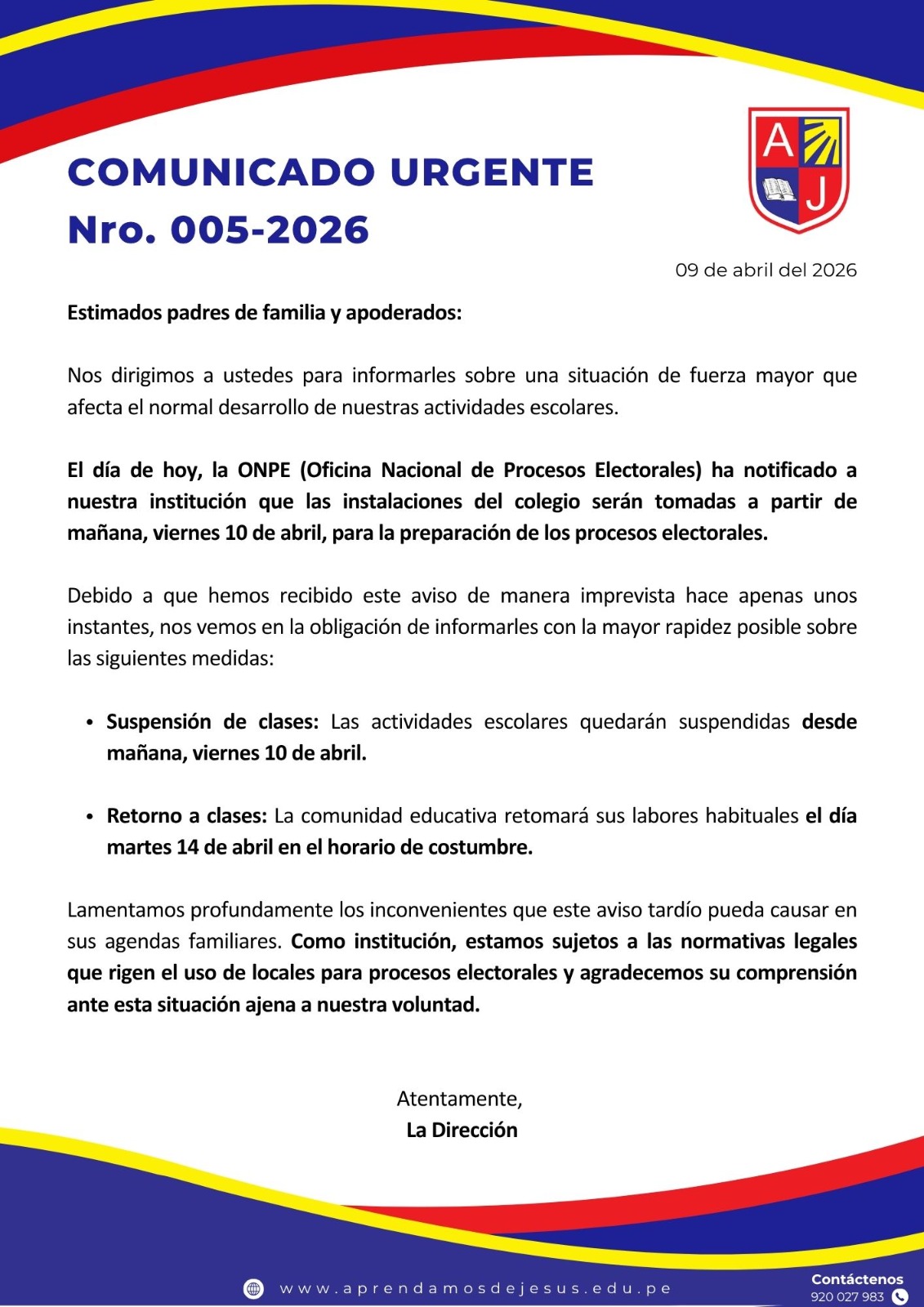 SUSPENCIÓN DE CLASES POR ELECCIONES