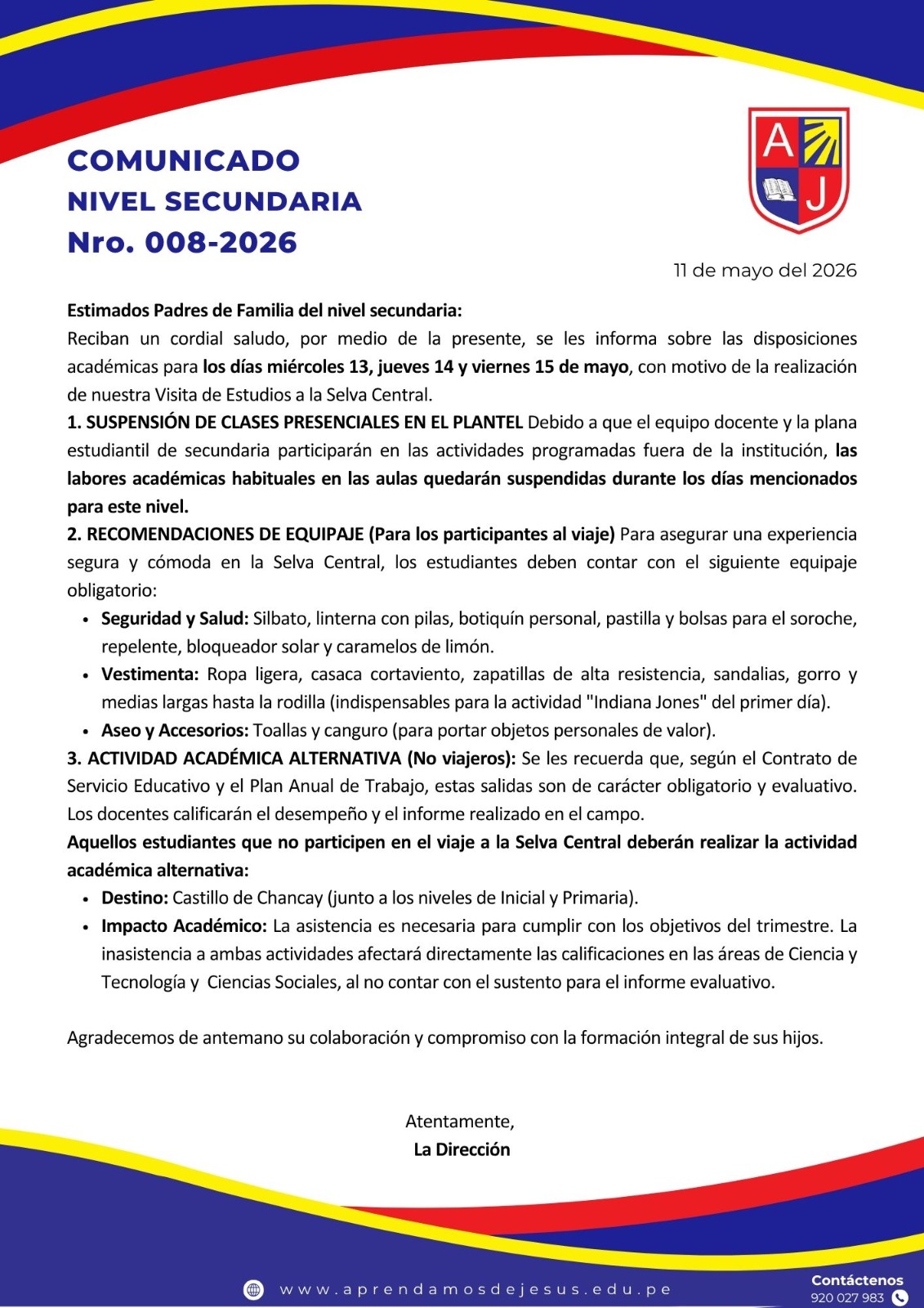 SUSPENCIÓN DE CLASES POR VISITA DE ESTUDIO